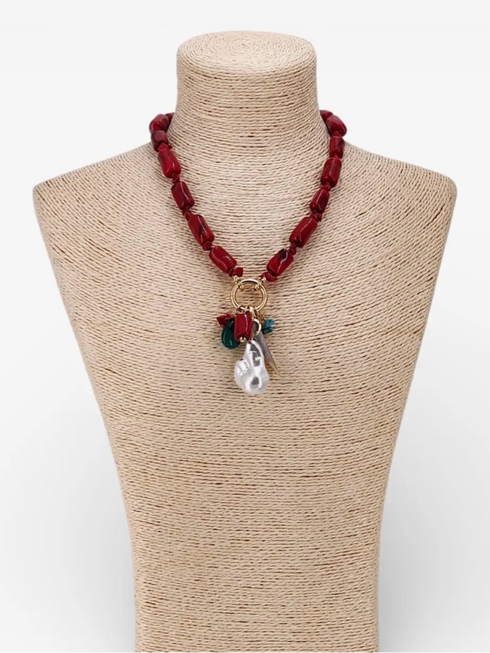 Red Beaded Necklace with Gold Ring and Pearl Charm
